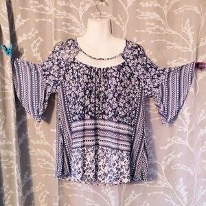 Vintage America (M)  Mesh Inset Flare Sleeve Floral Blouse